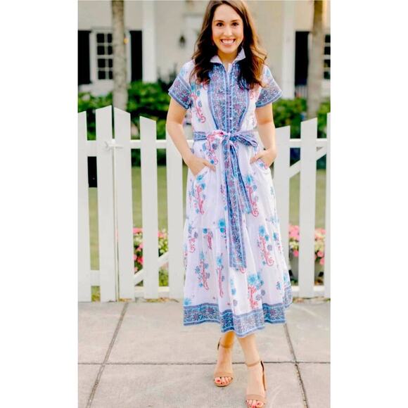 Victoria Dunn Folly Dress Size XS Rosa White Blue Blockprint Midi *no belt - Picture 2 of 12